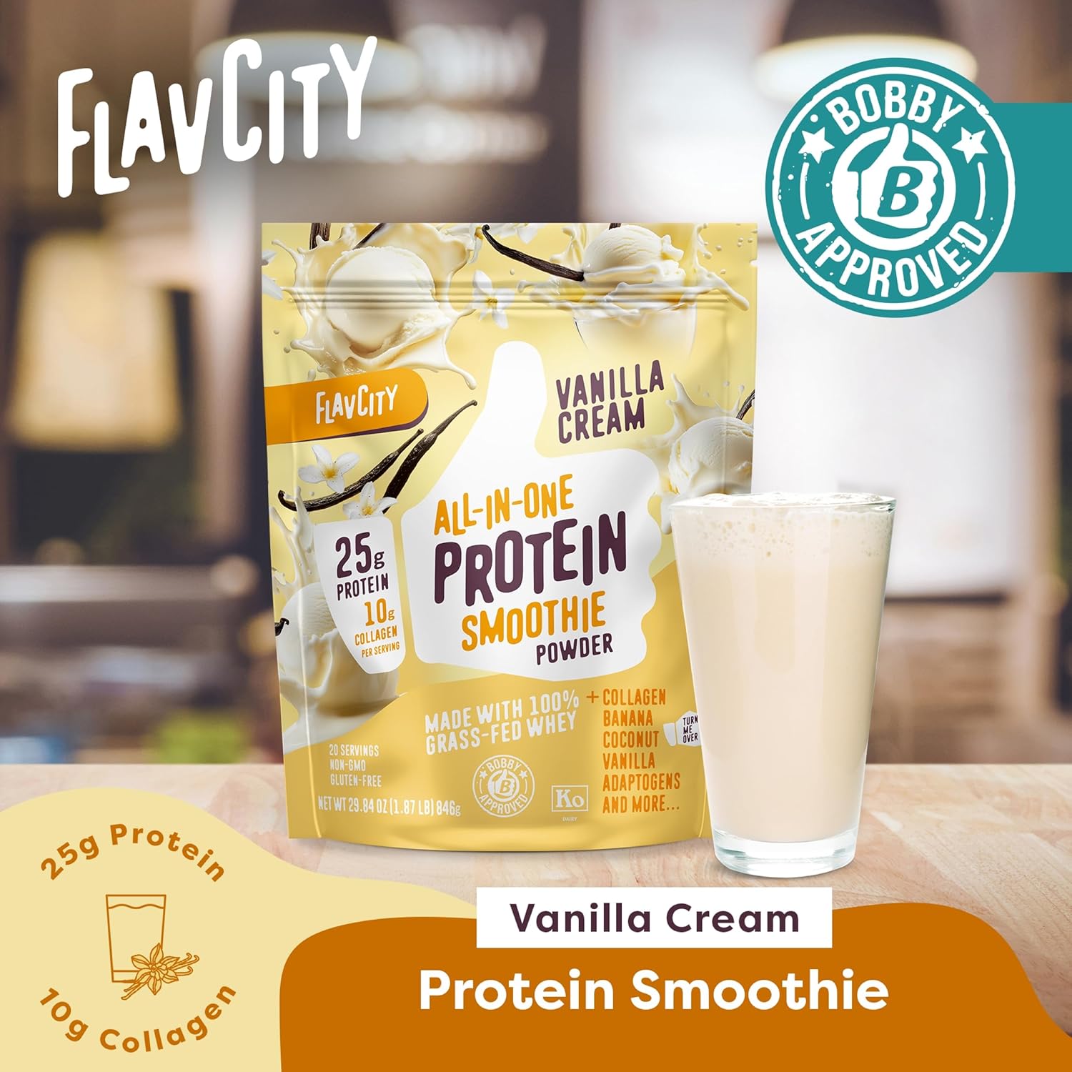 FlavCity Vanilla Smoothie Grass Fed Whey Protein Powder with Collagen 20 Servings - Image 3