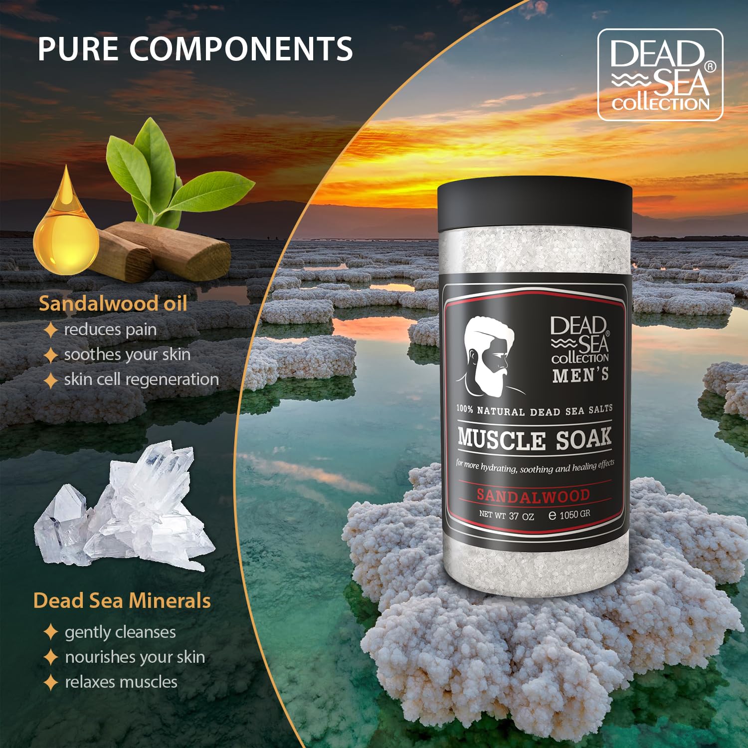 Dead Sea Collection Bath Salts for Men with Sandalwood Oil - Muscle Recovery Bath Soak – Mens Pure Dead Sea Salt for Soothing and Relaxing - 37 Oz - Image 2