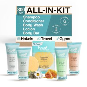 Terra Pure Eco Botanics Hotel Soaps & Toiletries Bulk Set | 0.85oz Hotel Shampoo & Conditioner, Body Wash, Body Lotion & Bar Soap Travel Size | 300 Pieces