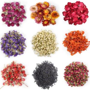 9 Bags Dried Flowers,100% Natural Dried Flowers Herbs Kit for Soap Making, DIY Candle Making,Bath - Include Rose Petals,Lavender,Don't Forget Me,Lilium,Jasmine,Rosebudsand More
