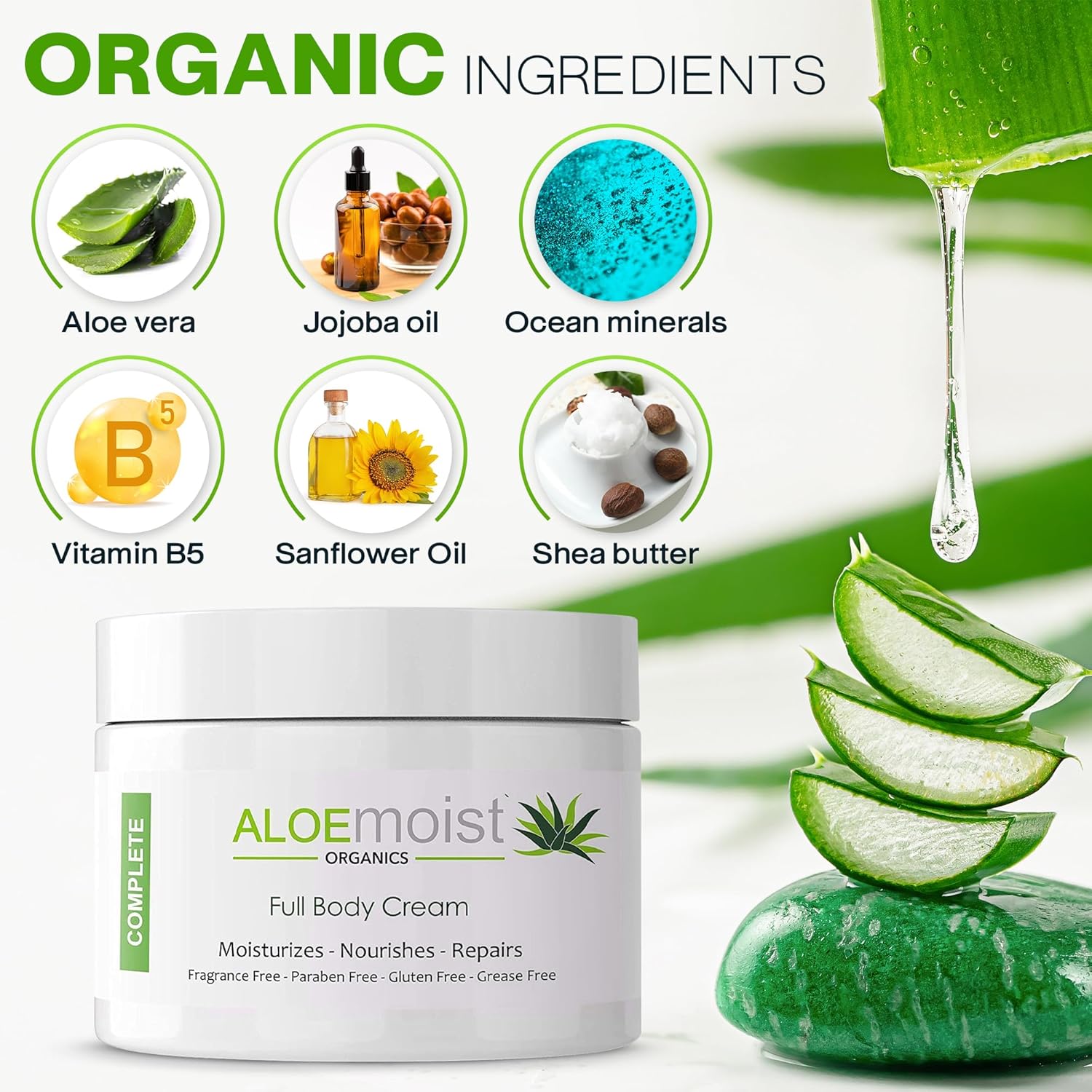 Organic Aloe Vera Face and Body Moisturizing Cream with Vitamins Shea Butter 8 oz 2 Pack - Image 2