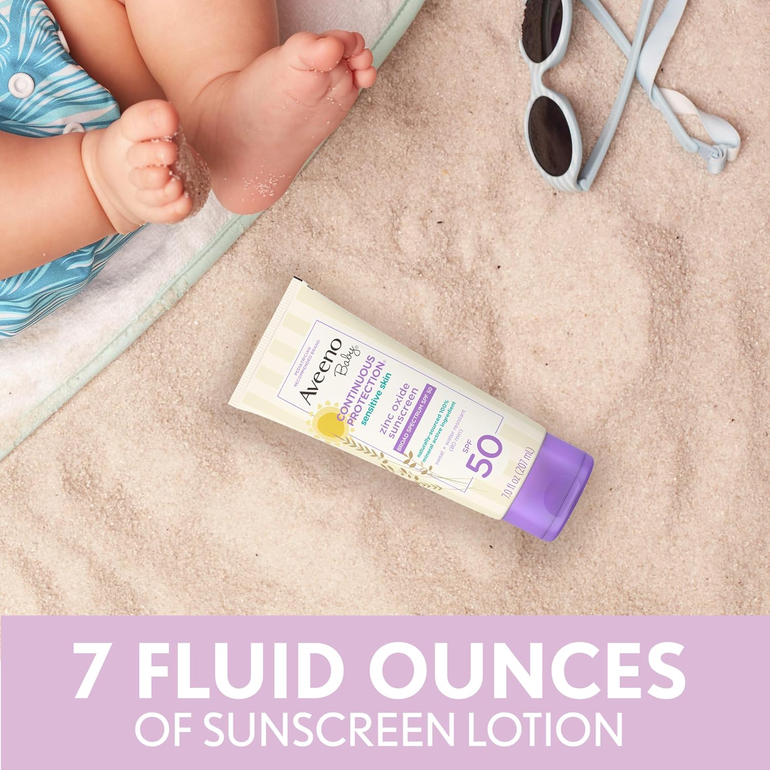 Aveeno Baby Continuous Protection Zinc Oxide Mineral Sunscreen Lotion for Sensitive Skin, Broad Spectrum SPF 50, Tear-Free, Sweat- & Water-Resistant, Paraben-Free, Non-Greasy, 7 fl. oz - Image 6