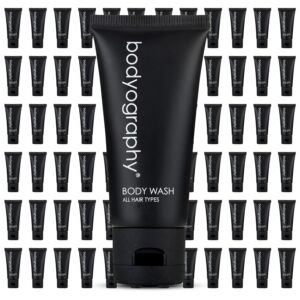 Bodyography - Bulk Body Wash | 50 Count, 1.4oz | Lavender Peppermint, Mini Travel Size Toiletries (100% Recyclable Tube with Flip Top Cap) Hotel Amenities.