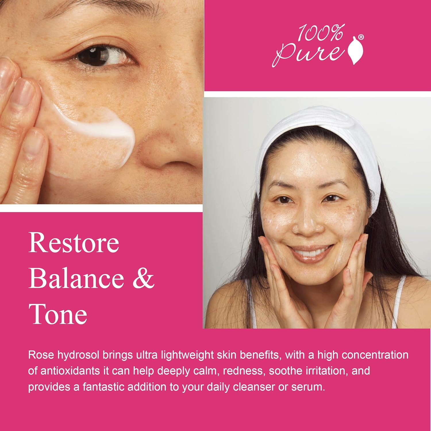 100% PURE Rose Water Hydrating Milk Face Moisturizer Natural Care Hyaluronic Acid, Squalene Replenish Suppleness Dry Dehydrated Skin - Vegan - 1.7oz - Image 4