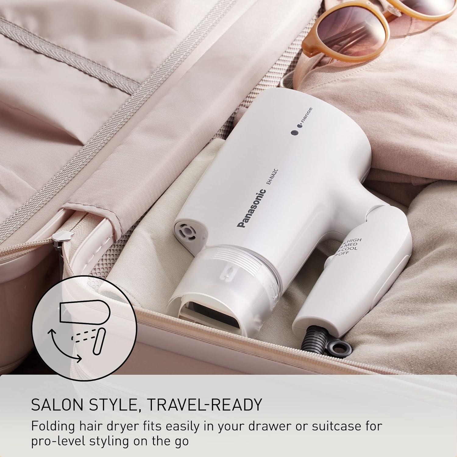 Panasonic nanoe Compact Hair Dryer with Oscillating Quick Dry Nozzle for Healthier-Looking Hair, Folding Blow Dryer for Travel and Home, 3 Airflow Settings - EH-NA2C-W (White) - Image 5