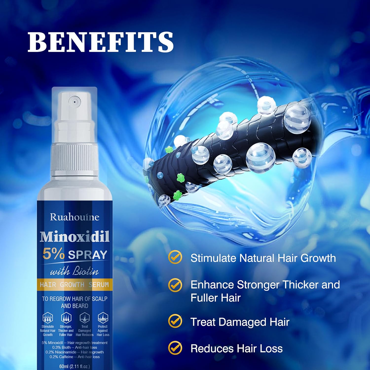 5% Minoxidil Hair Growth Spray with Brush for Women & Men, Minoxidil Biotin for Men Beard, 60ml / 2.11 fl.oz - Image 2