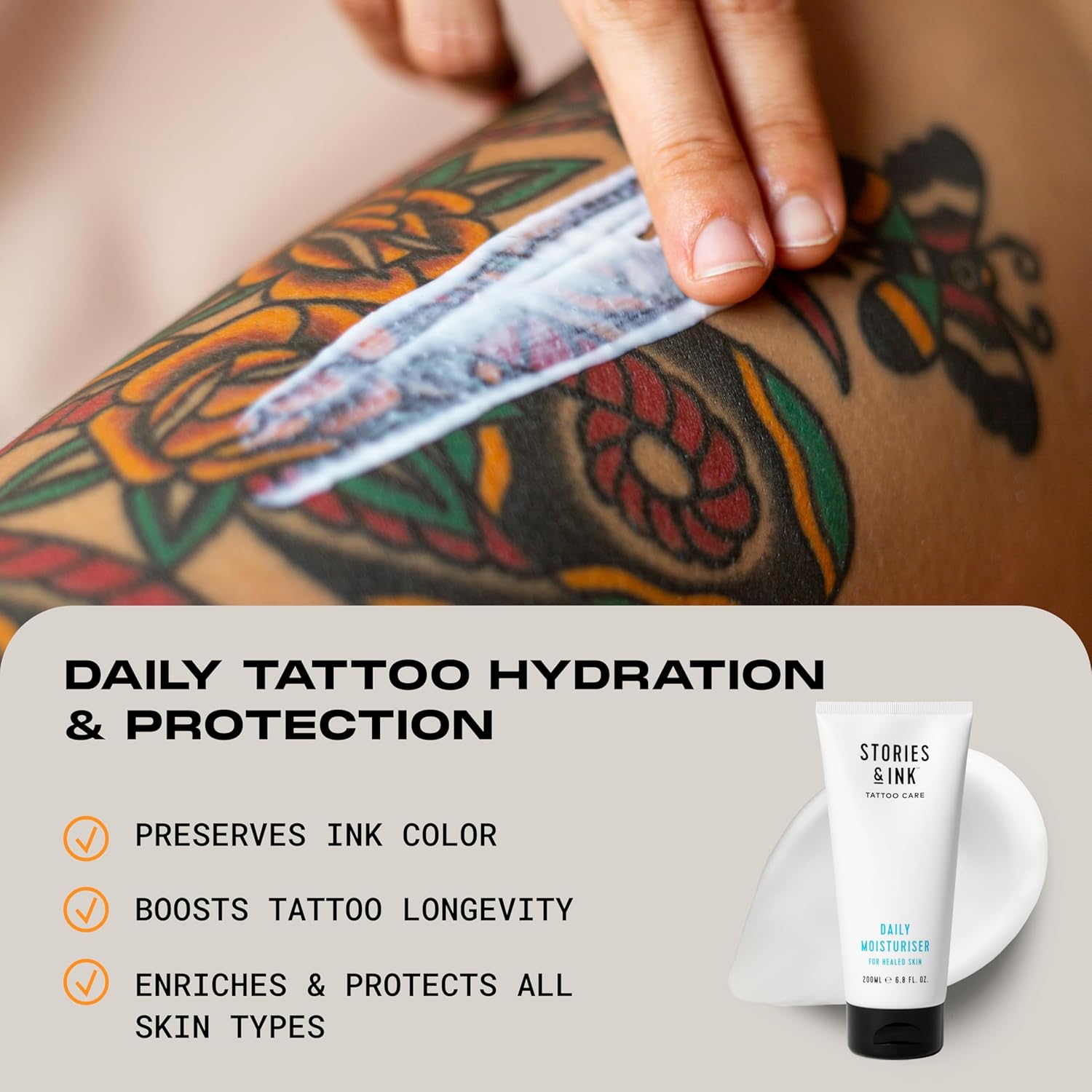 Stories & Ink Tattoo Care | DAILY MOISTURIZER for healed skin - with Advanced UV Ink Protection to Prevent Tattoo Fading, Protects & Hydrates Healed Tattoos, 200 mL / 6.8 Fl Oz - Image 2
