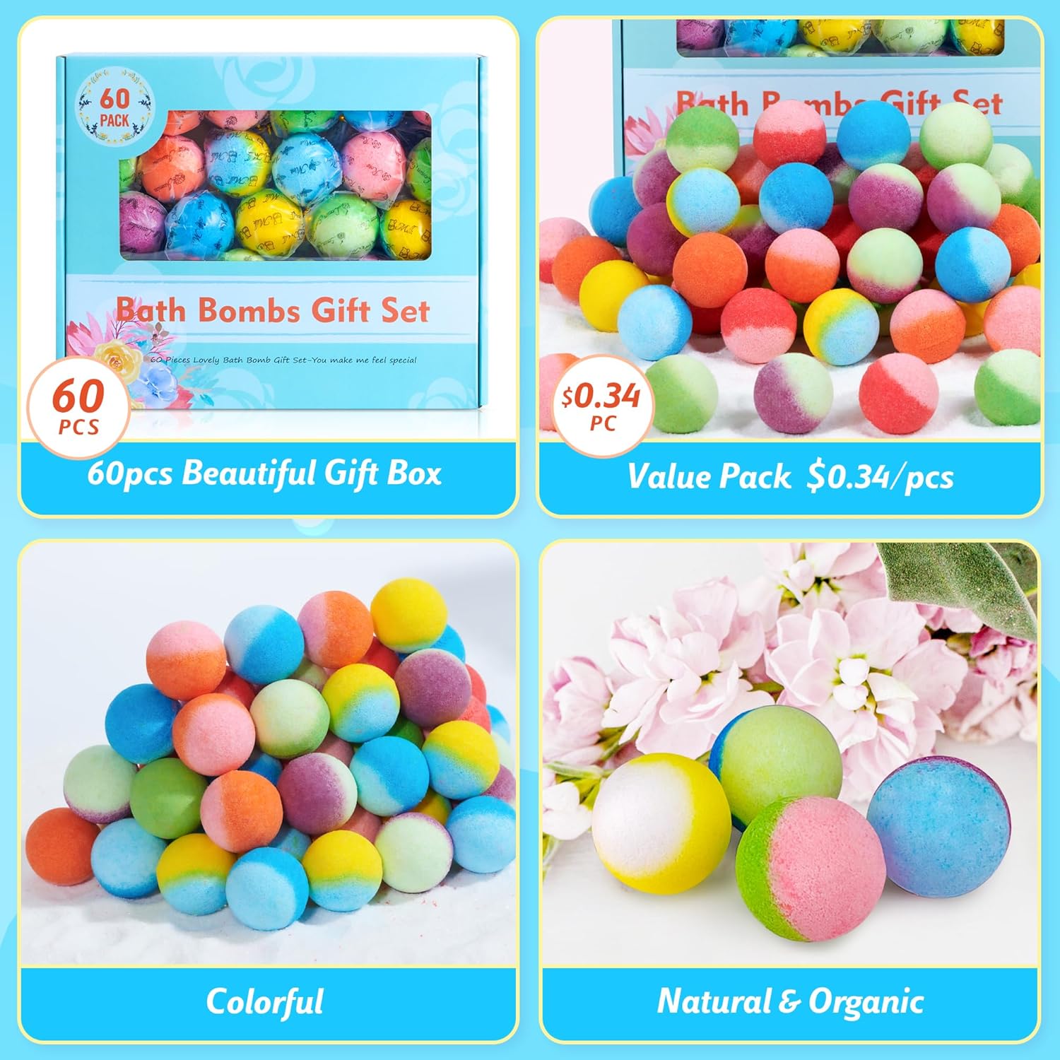 60 Piece Organic Bath Bombs Set Individually Wrapped Relaxation Spa Gift - Image 2