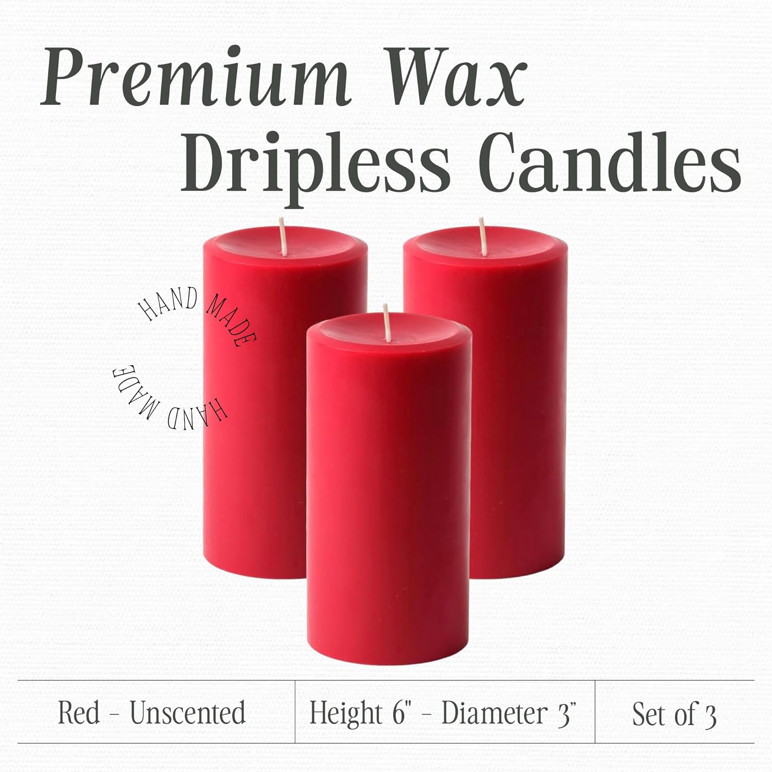 Mister Candle Red 3x6 Inch Dripless Unscented Pillar Candles Set of 3 for Home Decor 80 Hour Burn Time - Image 2