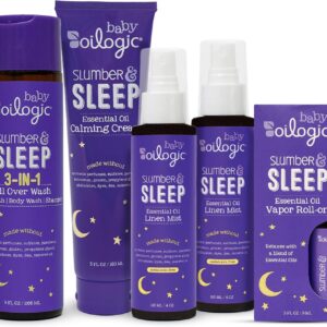 Oilogic Slumber & Sleep Bath Baby Essentials Gift Set - Includes All Over Wash, Calming Cream, Sleep Spray & Roll-On Essential Oils - Pediatrician-Tested Sleep, Comfort & Wellness Blends for Babies
