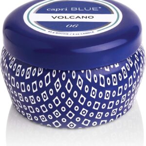 Capri Blue Volcano Scented Mini Tin Candle - Printed Mini Tin Jar Candle - Luxury Candles for Home Scented with Tropical Fruit & Sugared Citrus - Soy Candle Wax Blend - Blue Candle (3 oz)