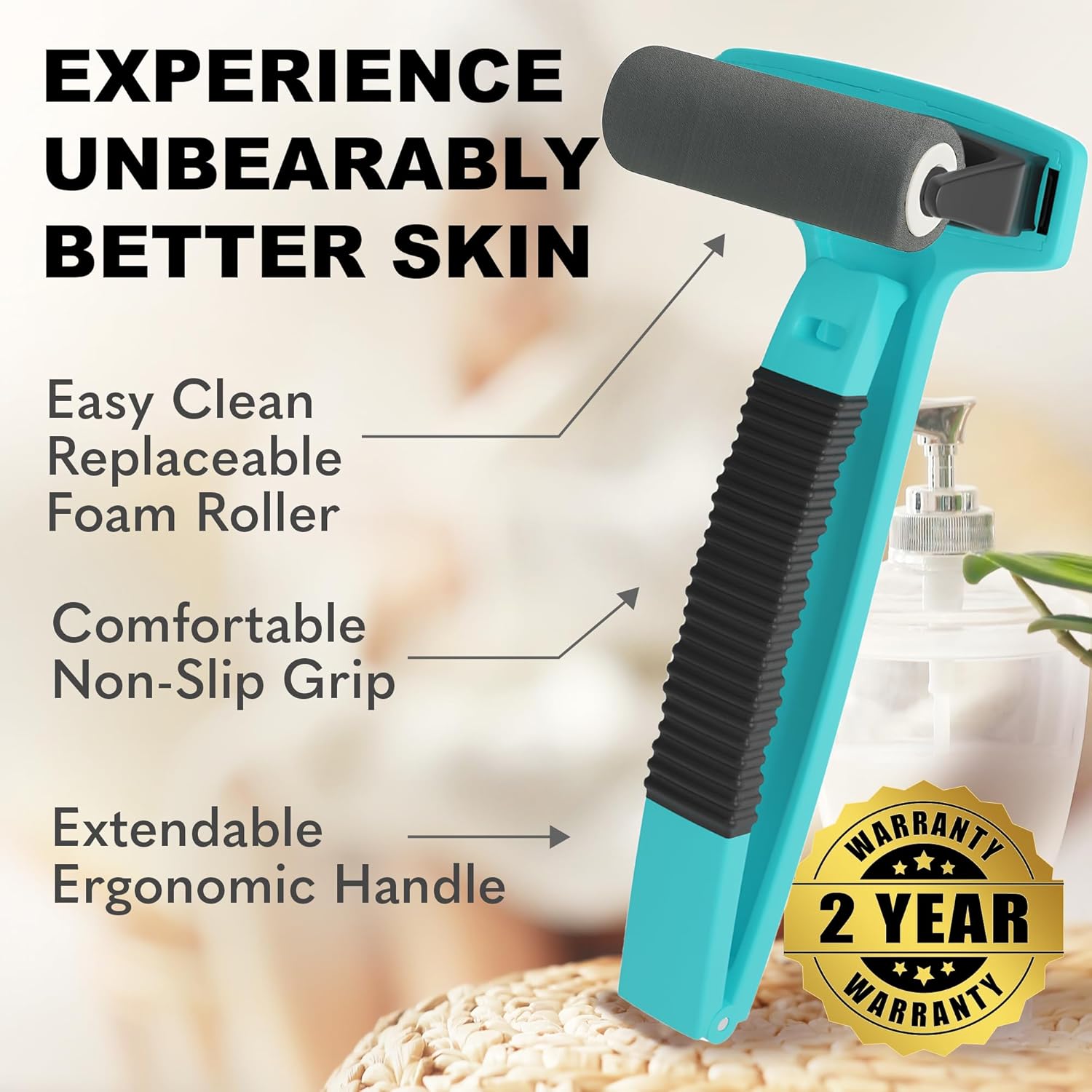 Teal Bearback Lotion Applicator for Back and Body with Folding Handle and 2 Foam Rollers - Image 3