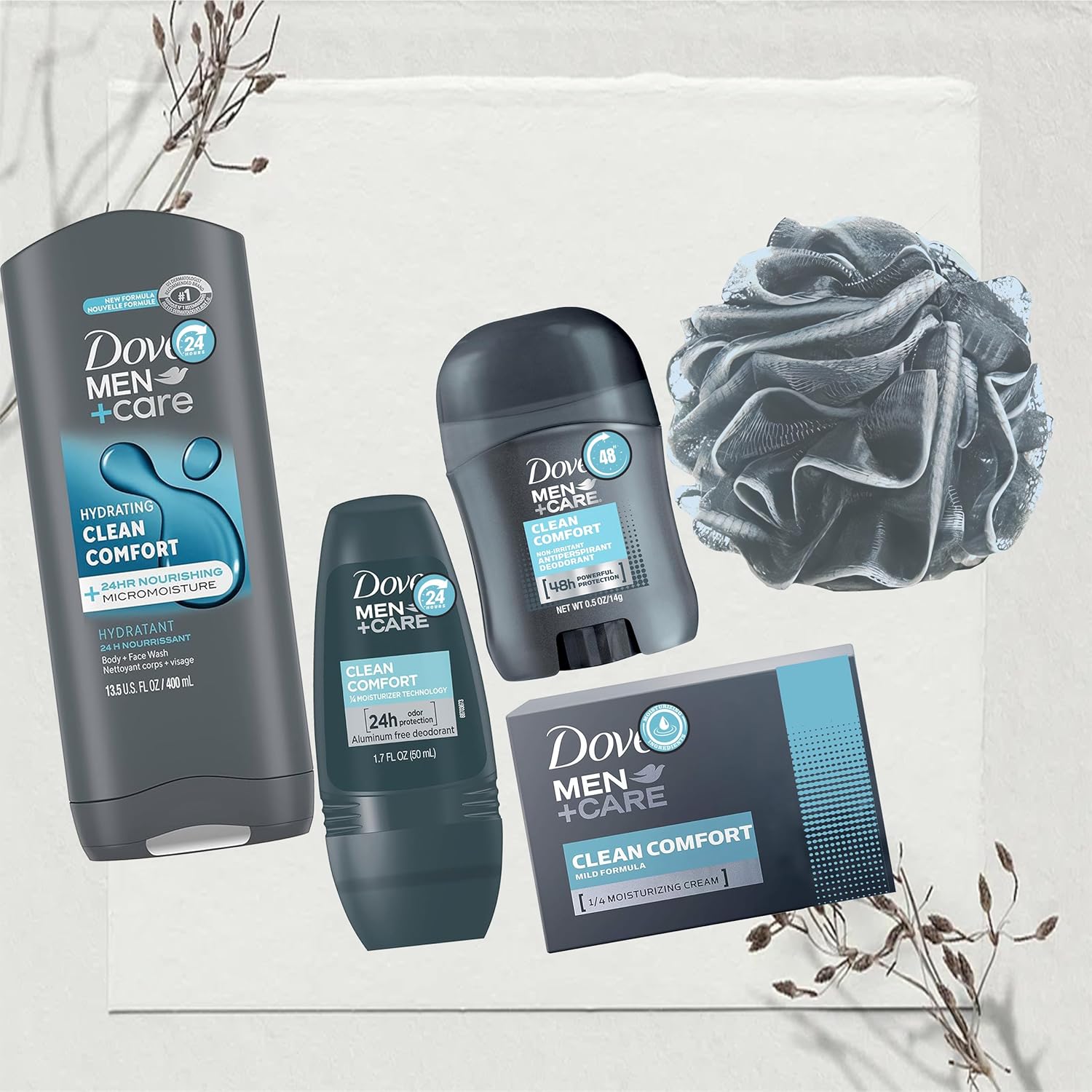 Dove Men+Care Father's Day 5 Piece Gift Set with Body Wash, Deodorant Stick, Roll On, Bar Soap, and Shower Pouf - Image 3