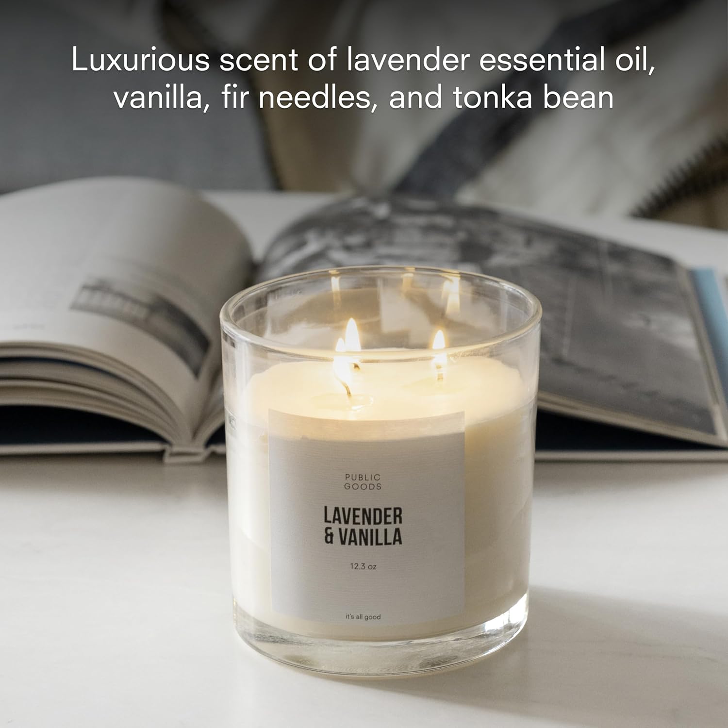 Public Goods Scented Soy Candle for Women & Men | Large 3 Wick Glass Candle | Long Lasting & Non Toxic | Made with Natural Soy Wax & Organic Essential Oils | Gift Box | 12.3oz Jar | Lavender & Vanilla - Image 4