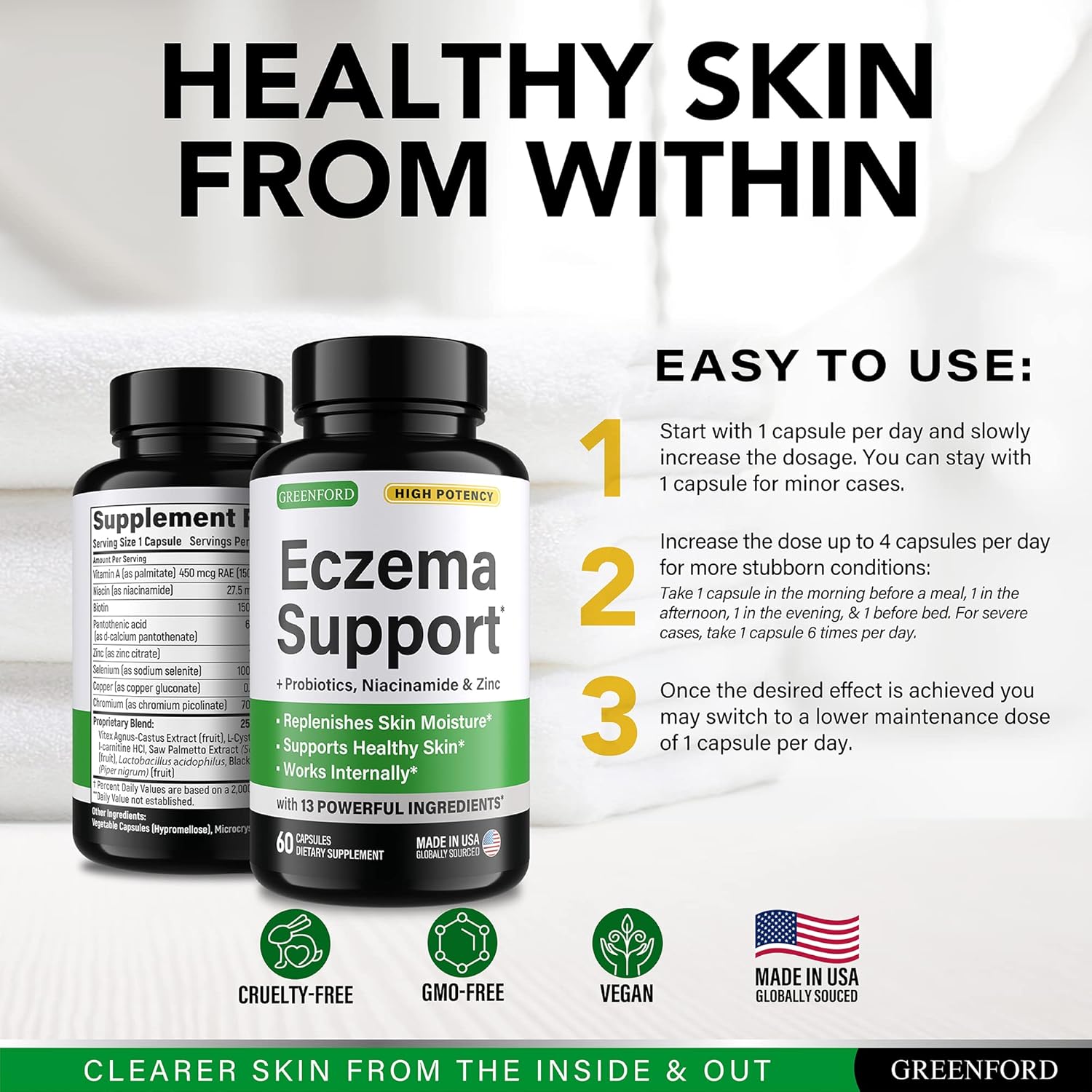 Greenford Eczema Treatment & Support for Natural Relief - Made in USA - Skin Vitamins & Herbals for Eczema, Acne, Psoriasis, Rosacea Treatment with Zinc, Niacinamide & Probiotics - 60 caps - Image 6