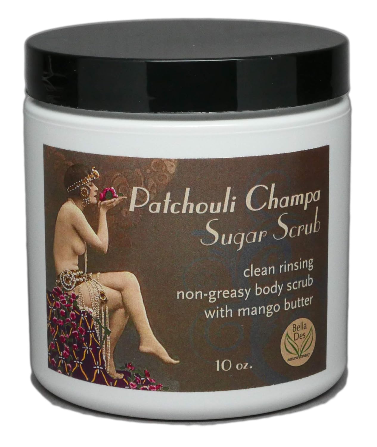 Patchouli Champa Exfoliating Sugar Scrub | Non-Greasy with Moisturizing Mango Butter and Patchouli Essential Oil | 10 ounces net wt | by Bella Des Natural Beauty