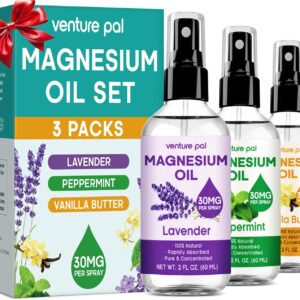 Venture Pal 3-Pack Topical Magnesium Oil Spray Set for Feet – Ideal Gift for Relaxation, Better Sleep, Muscle Relief for Legs & Joints, Healthy Hair & Skin. Fast Absorption, Non-Greasy