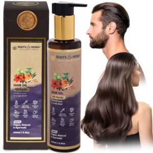 ROOTS AND HERBS Ayurvedic Oil - 49 Herbs with Bhringraj, Hibiscus Flower, Brahmi, Jatamansi, & Triphala for Stronger, Straight, Wavy & Curly Hair - Hair Food Oil & Scalp Serum - 6.76oz