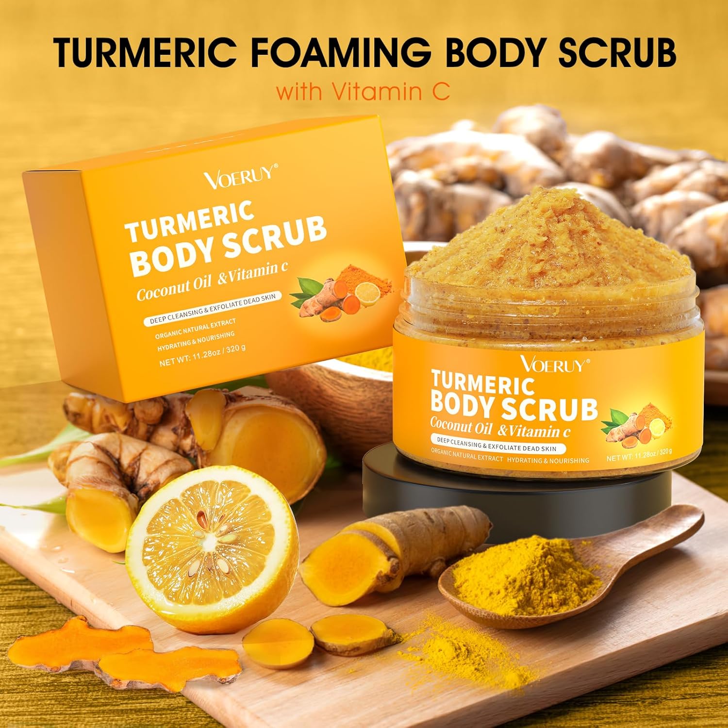 Body Scrub,Turmeric Exfoliating Body Scrub, with Coconut Oil & Vitamin C, Bikini Area Exfoliator Gently Exfoliate Body Hand and Foot Scrub, Moisturized Skin for Women and Men, 11.28oz/320g - Image 6