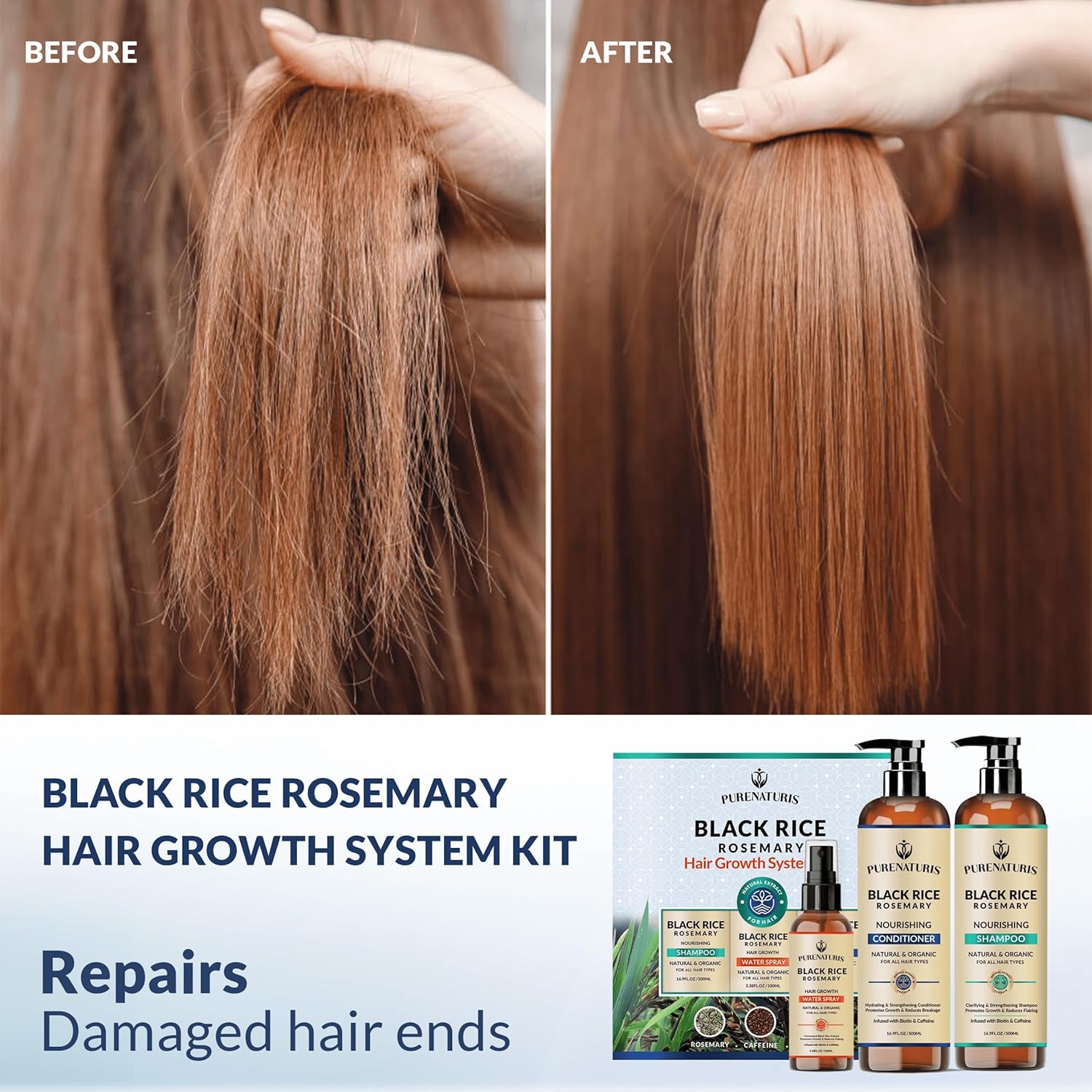 Organic Rosemary Black Rice Water Shampoo Conditioner Set for Hair Growth, Rice Water Spray, w/Rosemary Water, Biotin, Caffeine, Routine Shampoo for Women Men Hair Loss Thickening, Longer - Image 4