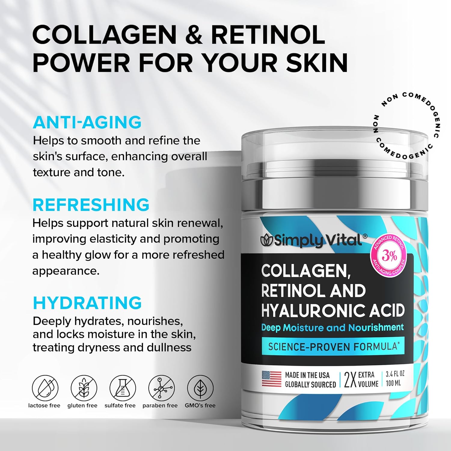 SimplyVital Collagen, Retinol & Hyaluronic Acid Cream - Anti-Aging Retinol Cream for Face, Neck & Décolleté - Made in USA - Daily Moisturizer Face Cream - 3.38 fl oz - Image 4