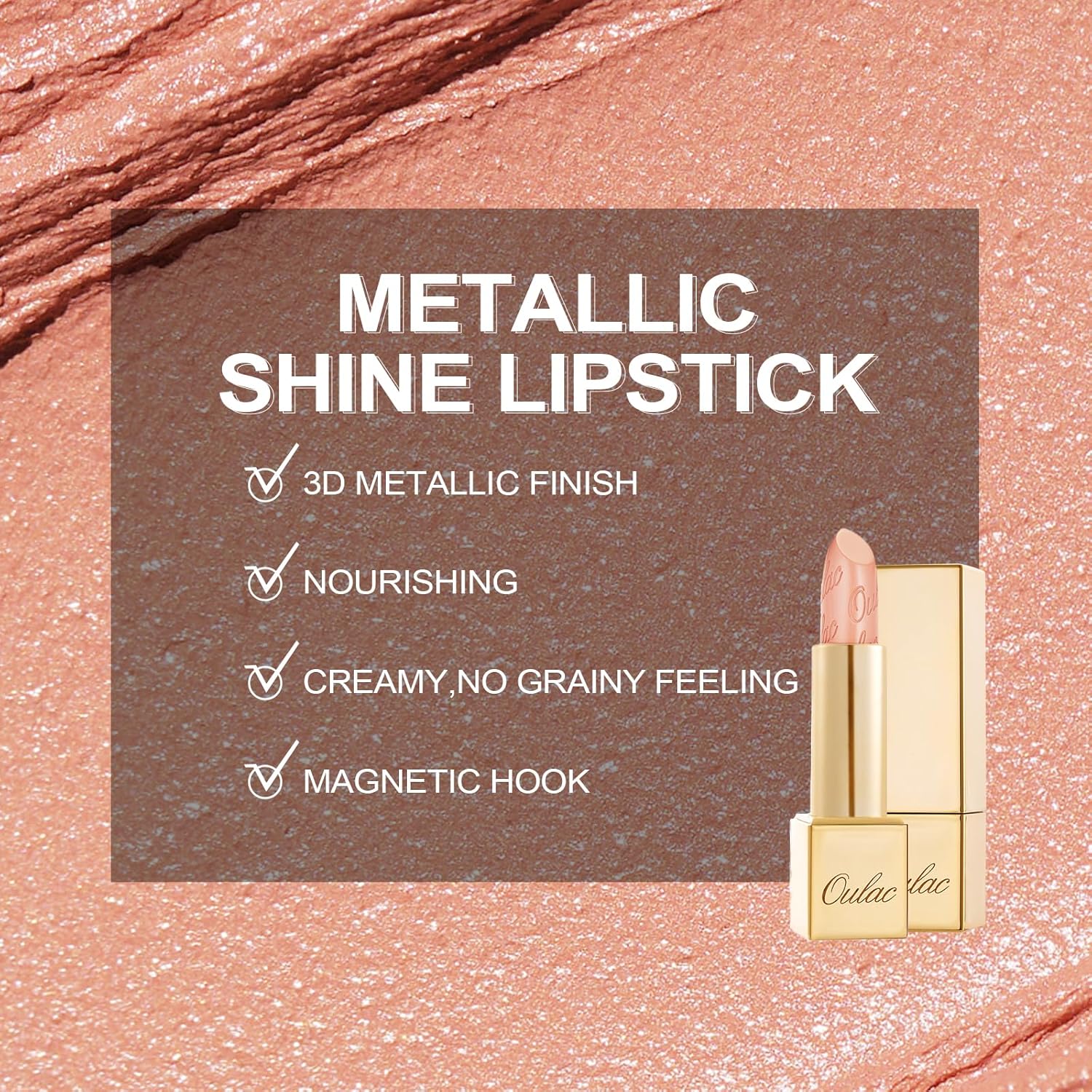 Oulac Matte Nude Peach Lipstick with Glow Metallic Finish - Vegan Lipstick for Women, Creamy Texture, Hydrating Clean Beauty Formula, High-End Magnetic Hook Design, GM06 Hugs - Image 5