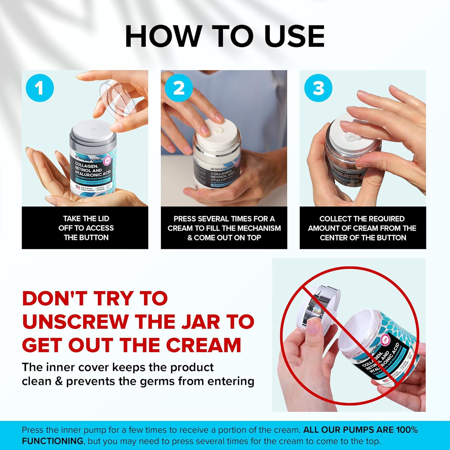 SimplyVital Collagen, Retinol & Hyaluronic Acid Cream - Anti-Aging Retinol Cream for Face, Neck & Décolleté - Made in USA - Daily Moisturizer Face Cream - 3.38 fl oz - Image 6