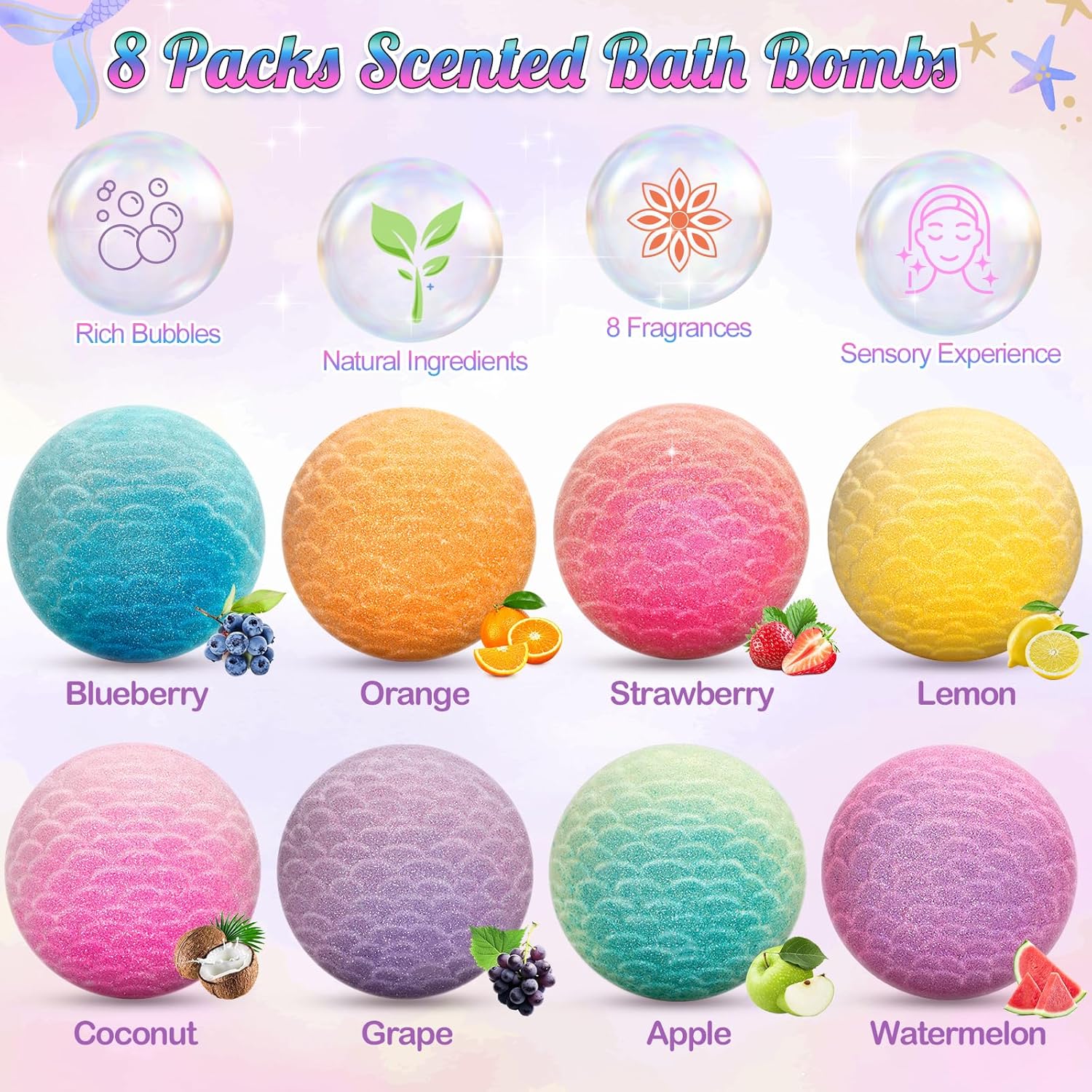 8 Pack Mermaid Bath Bomb Kit with Surprise Toys for Girls Aged 4-8 - Image 4