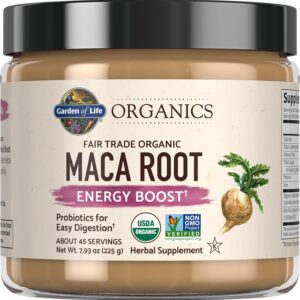 Garden of Life Organics Fair Trade Gelatinized Peruvian Maca Root Energy Boost 7.93 oz (225g) Powder with Probiotics, Certified Organic, Non-GMO, Vegan & Gluten Free Herbal Supplements