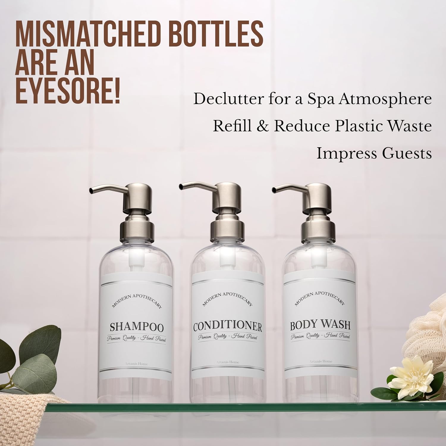 Clear Refillable Shampoo Conditioner Bottles with Pump 16 oz 3 Pack - Image 2
