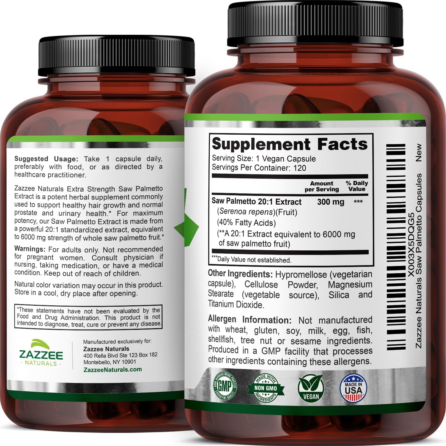 Zazzee Extra Strength Saw Palmetto 20:1 Extract, 6000 mg Strength, 40% Fatty Acids, 120 Vegan Capsules, 4 Month Supply, Concentrated and Standardized 20X Extract, Non-GMO, All-Natural, Made in the USA - Image 8