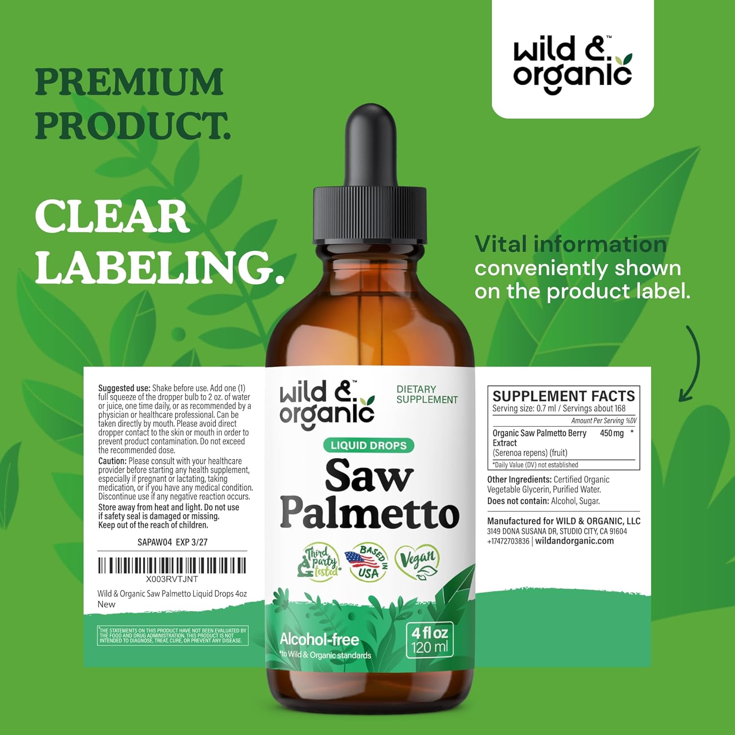 Wild & Organic Saw Palmetto Tincture - Saw Palmetto Extract Supplement for Men & Women - Liquid Powder Based Drops - Serenoa Repens Berries - Vegan, Sugar & Alcohol-Free - 4 fl oz - Image 9