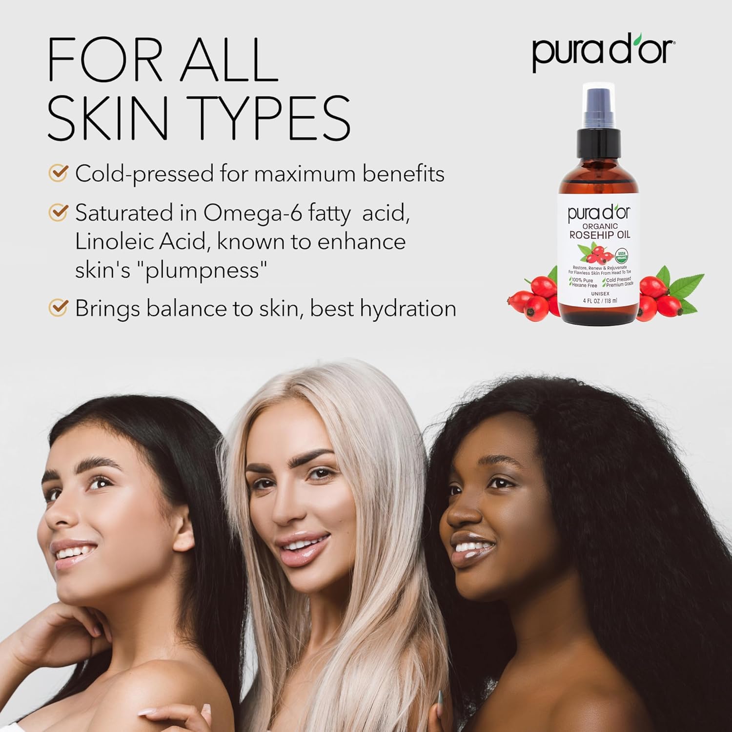 PURA D'OR 4 Oz ORGANIC Rosehip Seed Oil Hair Relaxer 100% Pure Cold Pressed USDA Certified All Natural For Anti-Aging, Scar Treatment, Face, Hair Relaxer & Skin Moisturizer - Women & Men - Image 4