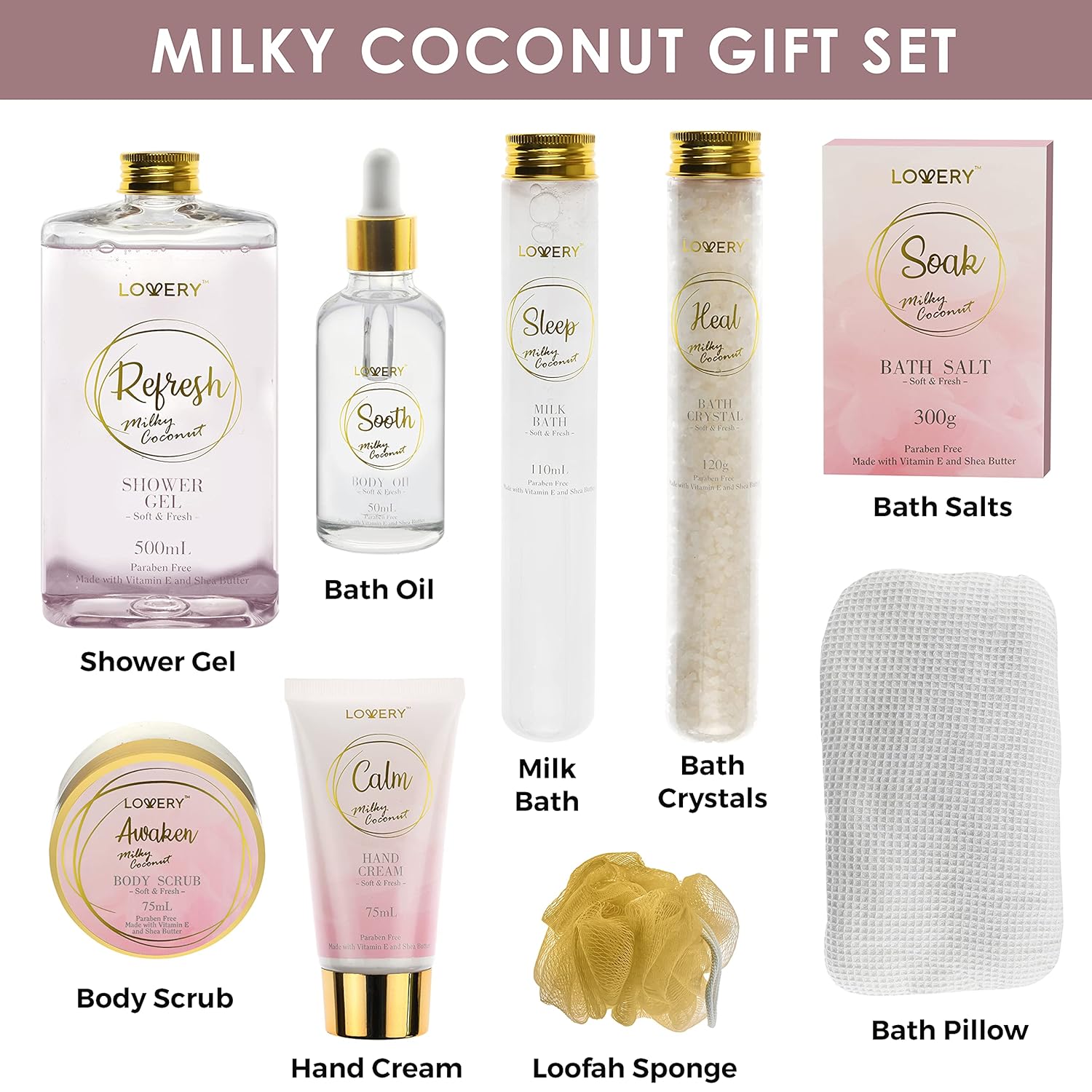 Milky Coconut Scent Luxury Home Spa Bath Gift Set with Body Care Essentials and Bath Pillow - Image 2