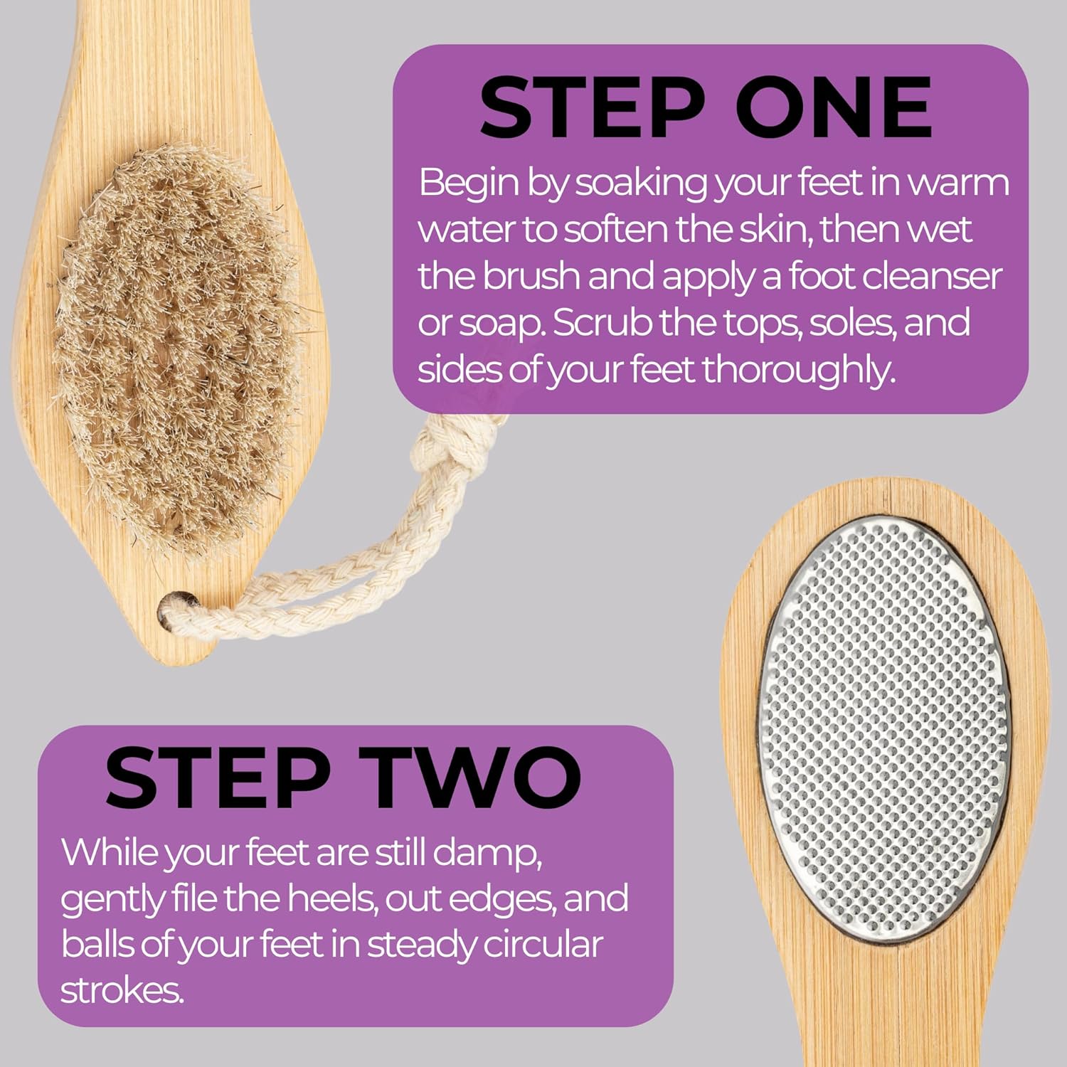 Dermasuri 4 in 1 Exfoliating Foot Scrub Kit - Multi Purpose Foot Care - Natural Bamboo Pedicure Foot Spa Kit - Pumice Stone Callus Remover, Stainless Steel File, Sand Paper Surface, & Dry Brush - Image 3
