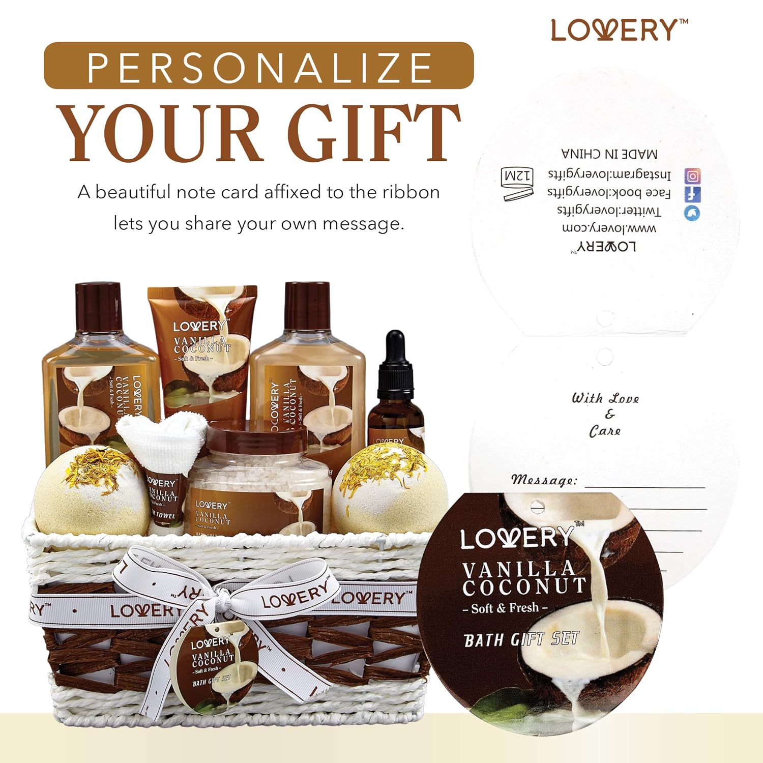 Vanilla Coconut Home Spa Set for Women and Men – 9 Piece Luxury Bath Gift Basket with Lotions, Extra Large Bath Bombs, Coconut Oil, Towel - Image 8