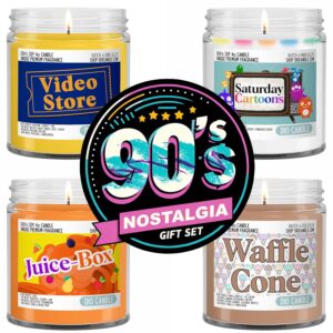 90's Nostalgia 4 Pack Scented Candles Gift Set - Video Store, Juice Box, Waffle Cone, Saturday Cartoons - 100% Naturally Vegan Soy Premium Fragrance | Handmade in Denver, Co (4 Pack of 4oz Candles)