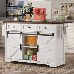 53.7" Mobile Kitchen Island on Wheels with Storage, Farmhouse Kitchen Island Cart with Drop Leaf, Power Outlet and 2 Sliding Barn Doors, Rolling Storage Cart with 3 Drawers and Spice Rack, White