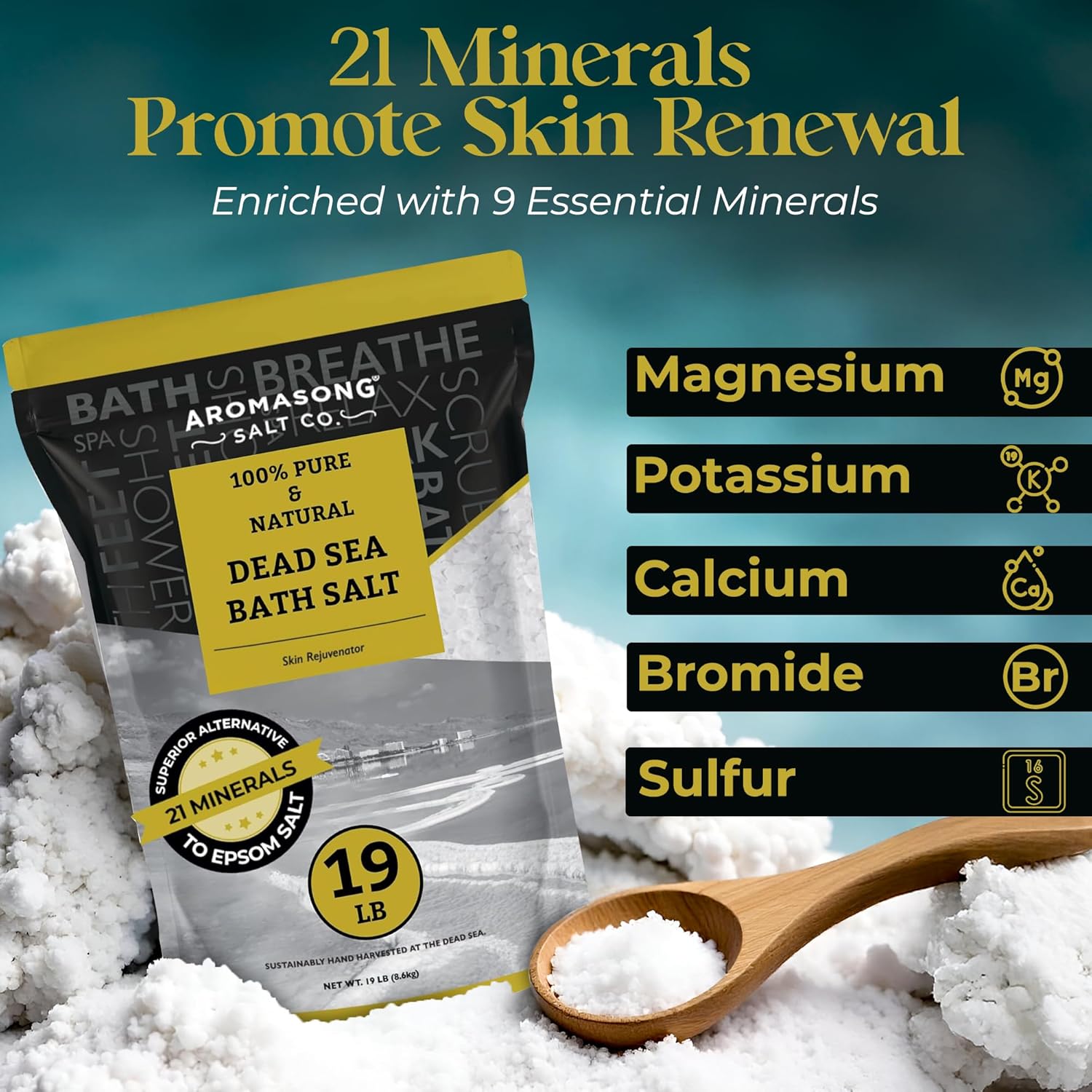 Aromasong Dead Sea Salt - Spa Bath Salt - 19 Lbs Fine Grain Bulk - 100% Pure - Better Absorbing Than Epsom Salt - Soak for Women & Men for Skin Issues and to Relax Tired Muscles - Resealable Pack. - Image 2