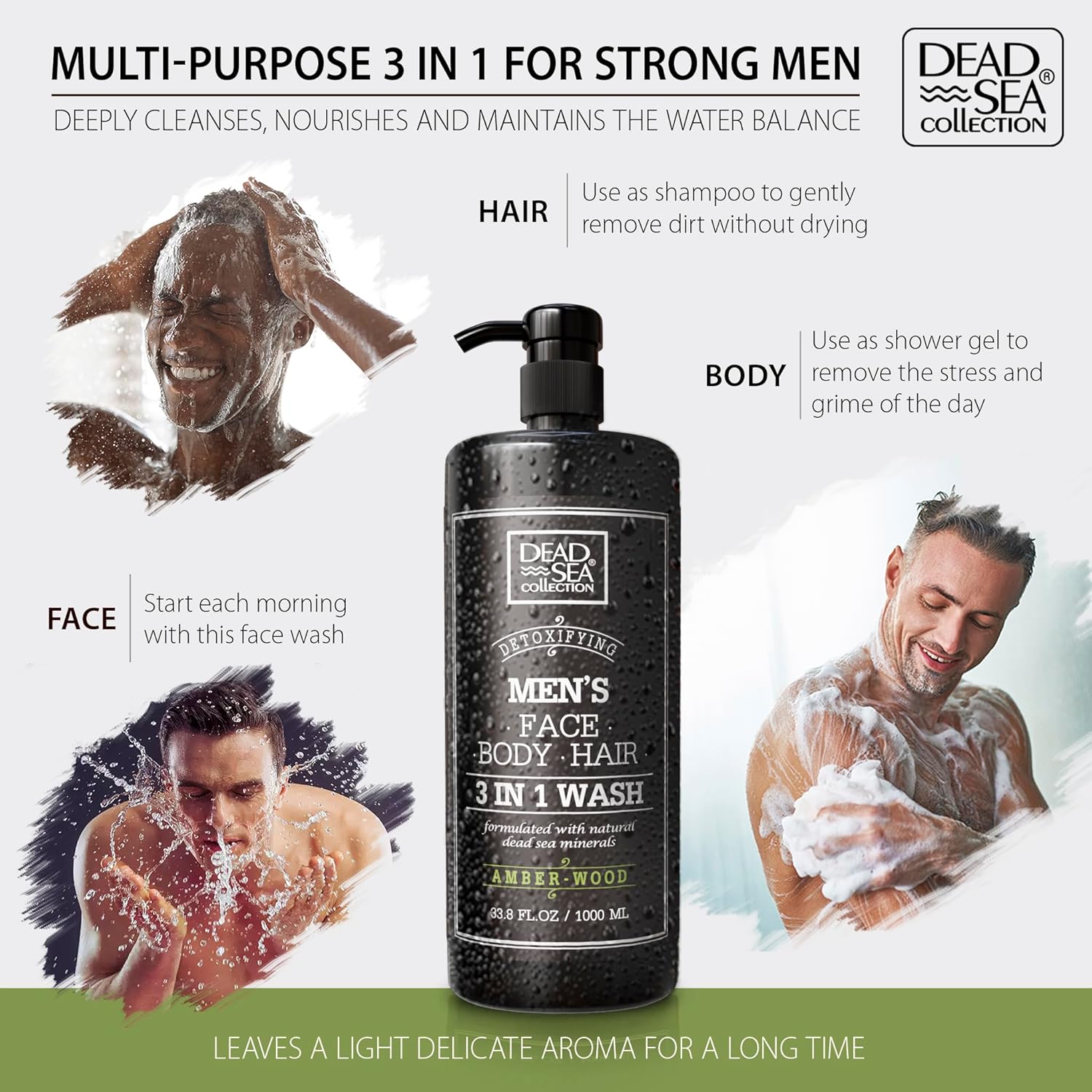 Dead Sea Collection Amber Wood 3-in-1 Men's Body Wash Shampoo Shower Gel 33.8 Fl Oz - Image 2