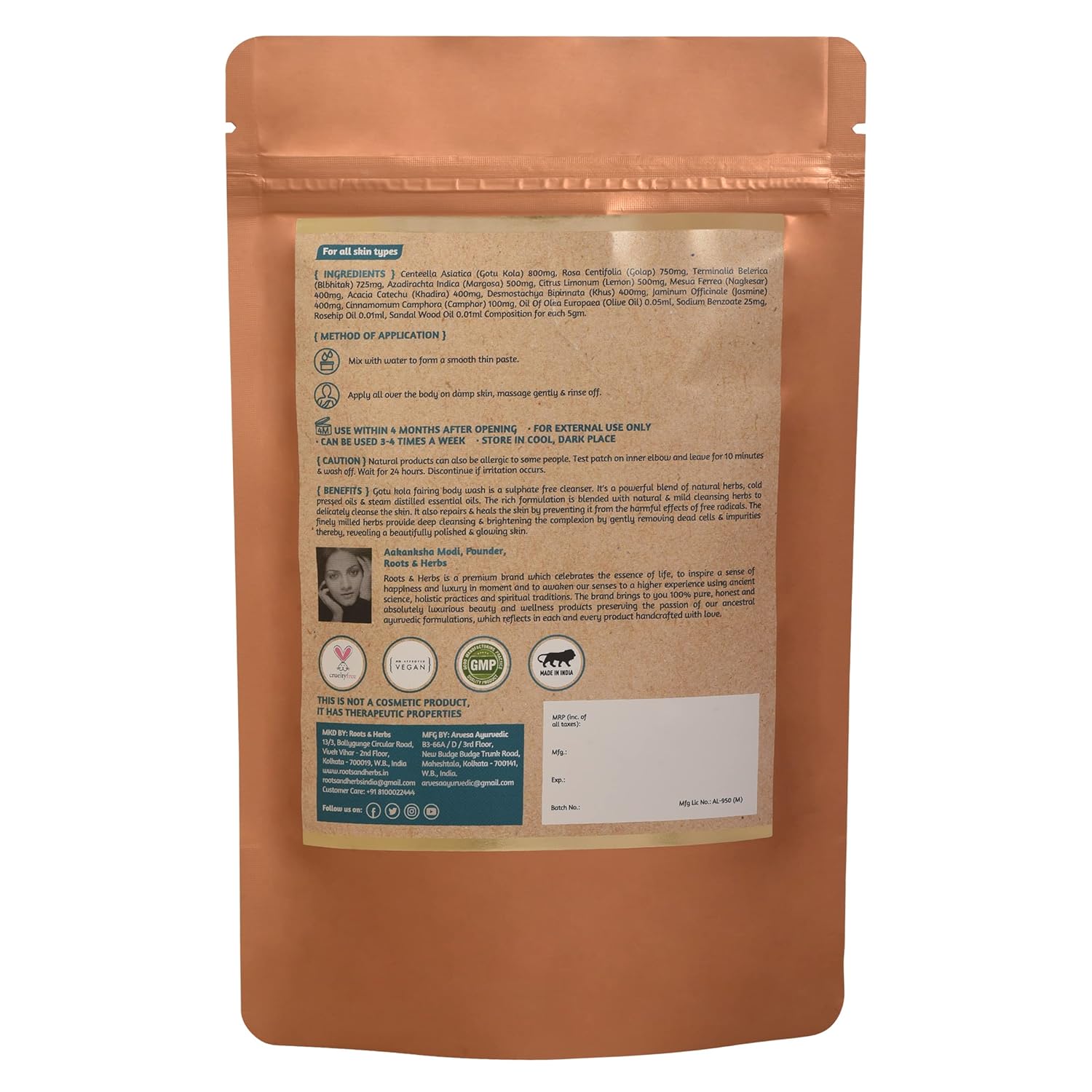 ROOTS AND HERBS 100% Vegan Gotukola Ubtan Powder Body Wash Cleanser 3.52 oz - Image 2