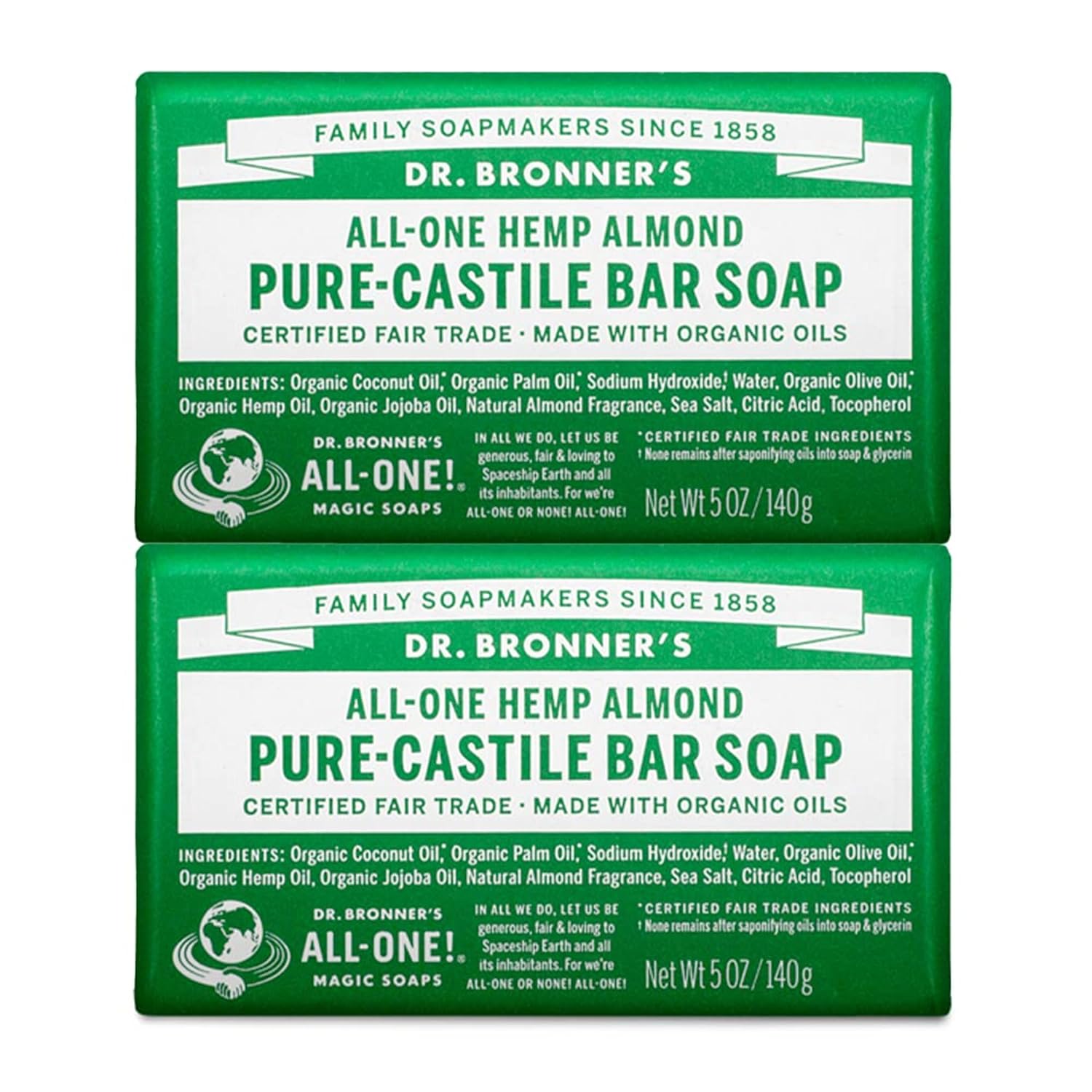 Dr. Bronner's Pure-Castile Bar Soap - Made with Regenerative Certified Organic Oils - For Face, Body, Hair- Gentle on Sensitive Skin - All Natural Soap Bar for Men & Women - Almond, 2 pack, 5 oz