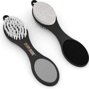 Derm Dude 4-in-1 Foot Scrubber & Heel Repair Tool | Foot File Callus Remover for Feet | Pedicure Tool with Metal File, Pumice Stone, Emery Board & Cleaning Brush to Soften & Smooth Rough, Dry Feet