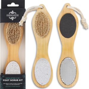 Dermasuri 4 in 1 Exfoliating Foot Scrub Kit - Multi Purpose Foot Care - Natural Bamboo Pedicure Foot Spa Kit - Pumice Stone Callus Remover, Stainless Steel File, Sand Paper Surface, & Dry Brush