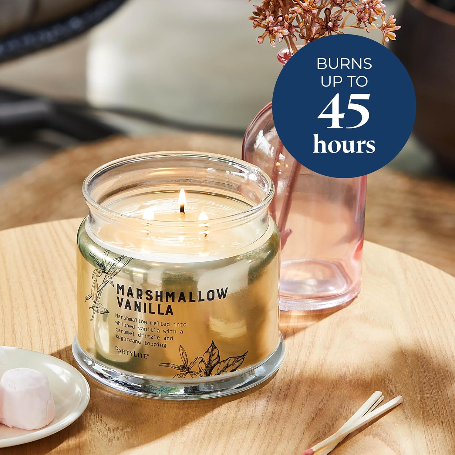 PartyLite Marshmallow Vanilla Scented with Caramel & Sugarcane Notes, 13.2oz 3-Wick Jar Candle, 45 Hour Burn Time, Luxurious Fragrance, Ideal for Gifting - Image 4