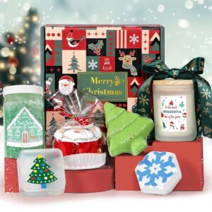 Christmas Spa Gifts for Women - Christmas Gift Ideas, Christmas Candles Gift, Christmas Gift Baskets for Women, Mom, Sister, Wife, Friend with Candle, Bath Bombs, Bath Salt, Soaps, Christmas Packaging