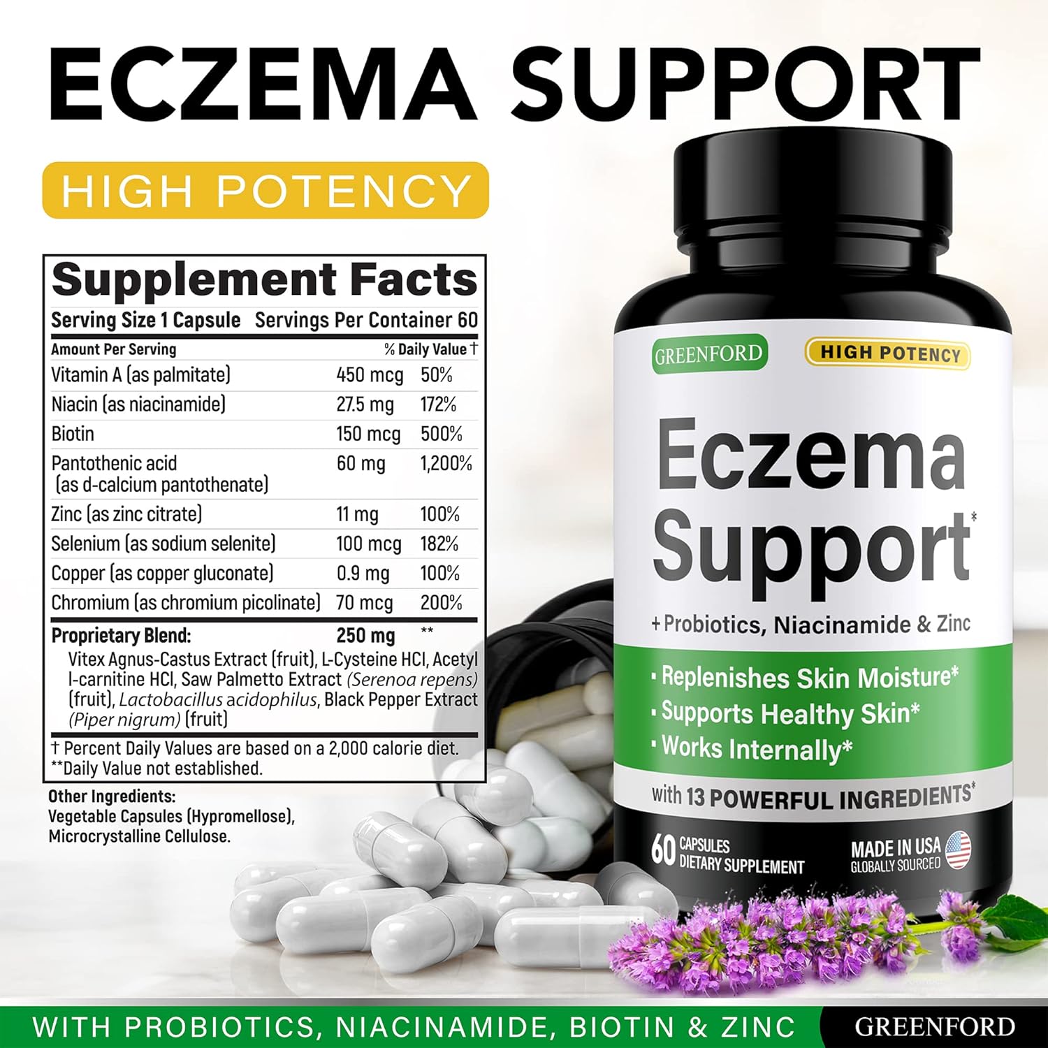 Greenford Eczema Treatment & Support for Natural Relief - Made in USA - Skin Vitamins & Herbals for Eczema, Acne, Psoriasis, Rosacea Treatment with Zinc, Niacinamide & Probiotics - 60 caps - Image 2