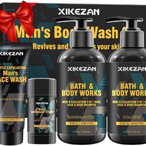 Gifts for Men,Mens Body Wash Gift Set Cleansing & Hydrating Skin w/Face Wash,Deodorant,Sandalwood & Cologne 3 in 1 Hair,Face & Body Wash,Mens Stocking Stuffers Christmas Gifts for Men Him Dad Husband