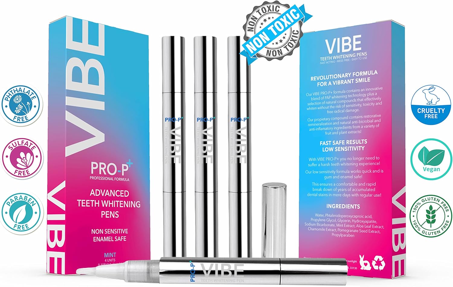 Vibe Teeth Whitening Pens, Healthy, Peroxide Free 4 Pack, Non-Toxic Fast Results, 3ml per pen, Vegan, Painless, teeth whitening kit for sensitive teeth, Travel Sized, Easy to Use, Organic Mint Flavor - Image 6
