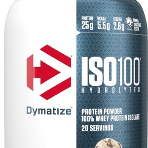 Dymatize ISO100 Whey Protein Powder Isolate, Cookies & Cream, 25g of Protein, 20 Servings, 5.5g BCAAs, Less Than 120 Cal., Gluten Free, 1g Fat, 1g Sugar, 2g Carb